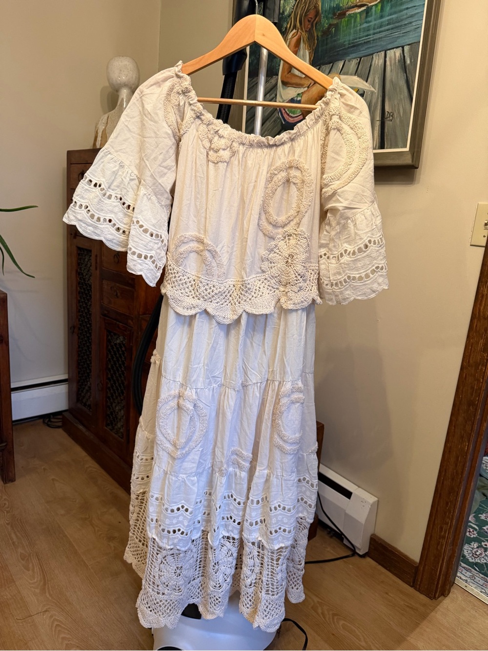 New Boho Off-Shoulder Crochet Midi Dress in Cream